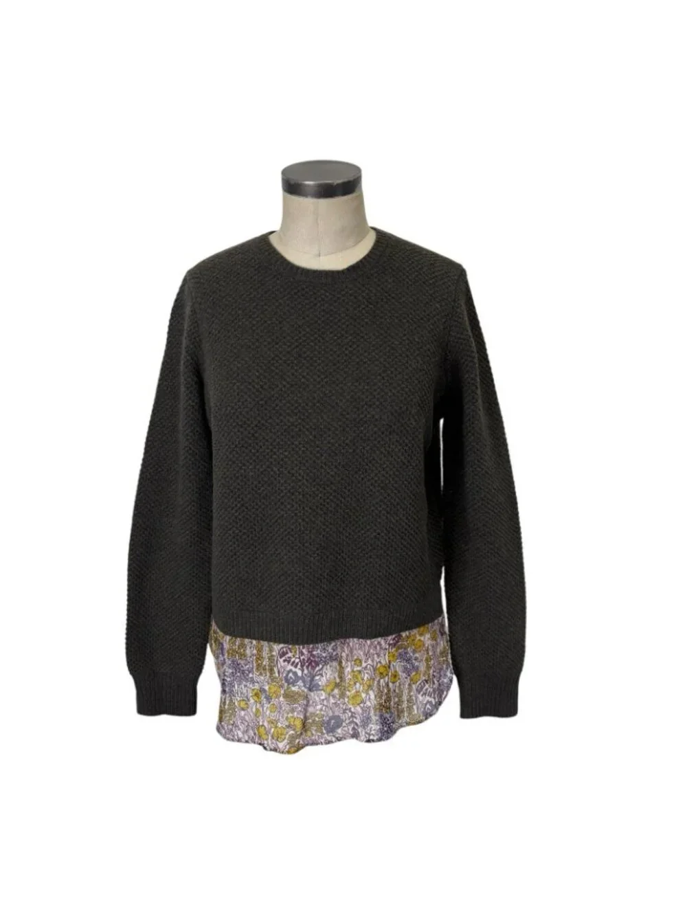 J Crew Wool Crewneck Sweater Silk Libery Floral Print Tail Medium Green B2388